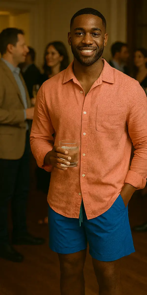 A man in a coral button-up shirt and blue shorts holds a drink at a social gathering, reflecting the masculine archetype omega.
