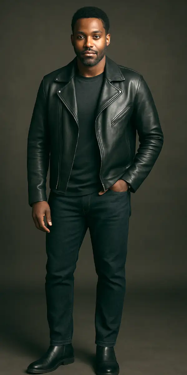 Man in a black leather jacket and jeans stands confidently, embodying edgy masculine archetypes.