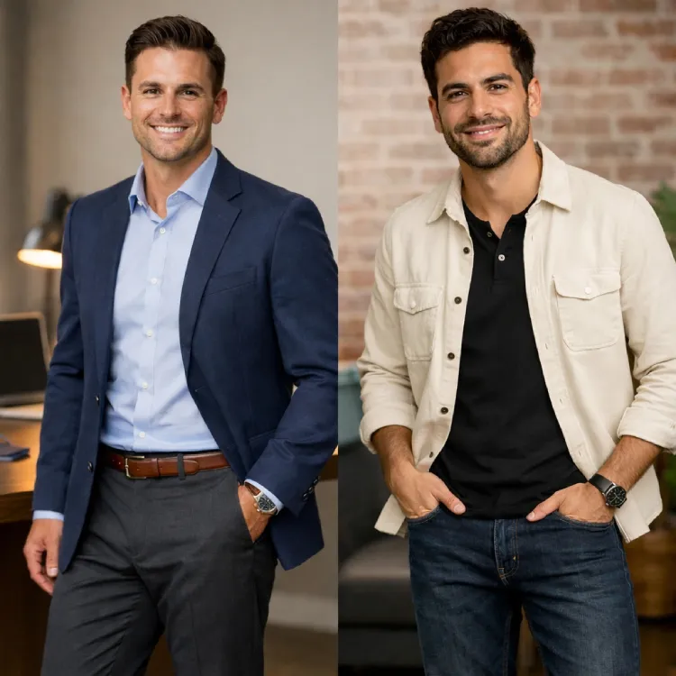 business casual and smart casual Two men modeling business casual and smart casual outfits, one wearing a navy blazer with dress pants and the other wearing a beige overshirt with a polo and jeans.