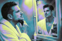 Man using a gua sha tool along his jawline in the mirror to reduce face bloating.