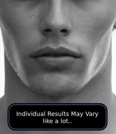 Close-up of a defined male jawline with disclaimer text about results when trying to reduce face bloating.