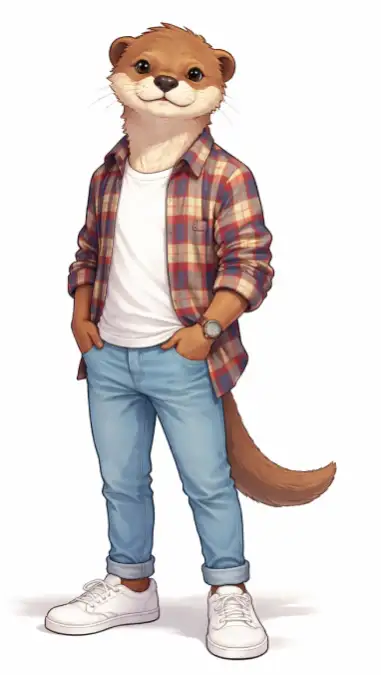 spring otter Stylish anthropomorphic otter wearing a plaid shirt, white tee, and light jeans as inspiration for men's spring outfits.