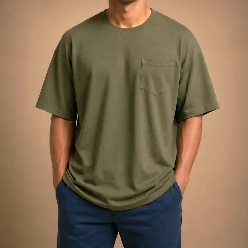 Man wearing a baggy green t-shirt with blue pants showing a loose, oversized fit