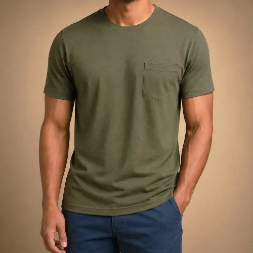 Man wearing a fitted green t-shirt with blue pants showing a proper, clean fit