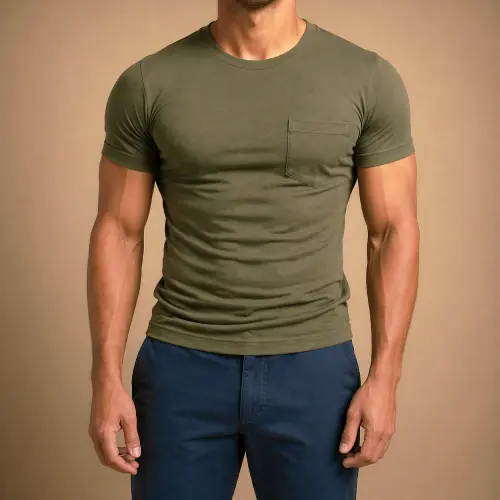 Man wearing a tight green t-shirt with blue pants showing an overly snug fit