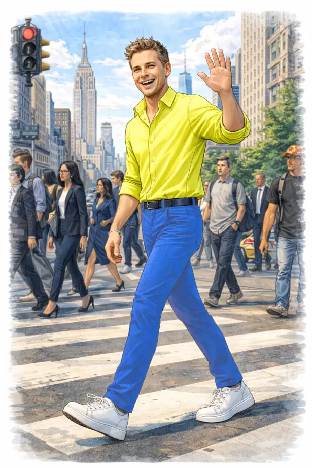 Man wearing a bright yellow shirt with blue pants and white sneakers walking in a city crosswalk