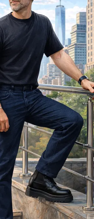 Man wearing a black t-shirt with blue pants and black boots in a city setting