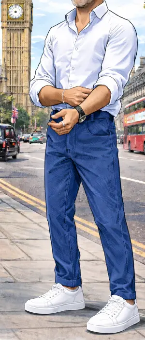 Man wearing a light blue button-down shirt with blue pants and white sneakers on a city street
