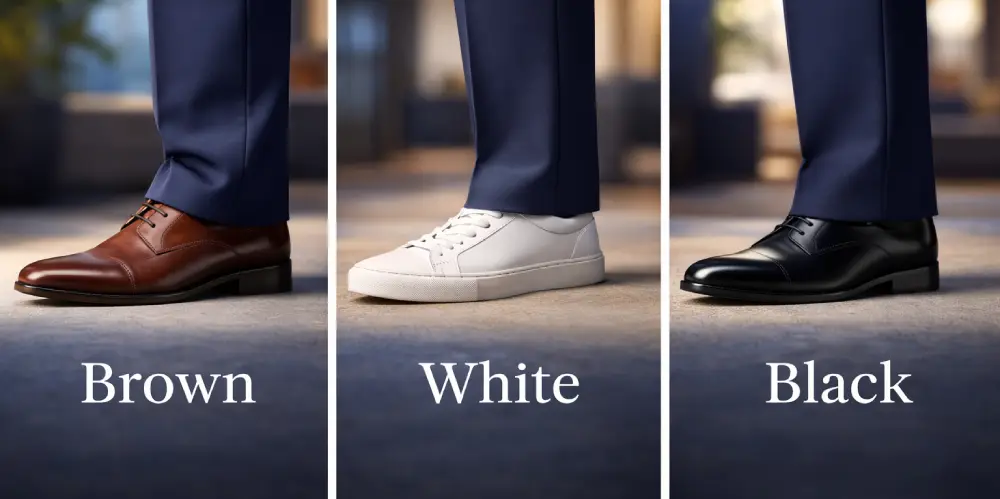 Three shoe options with navy blue pants: brown dress shoes, white sneakers, and black dress shoes