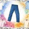 Graphic showing blue pants in the center with different shirt options that go with blue pants arranged around them