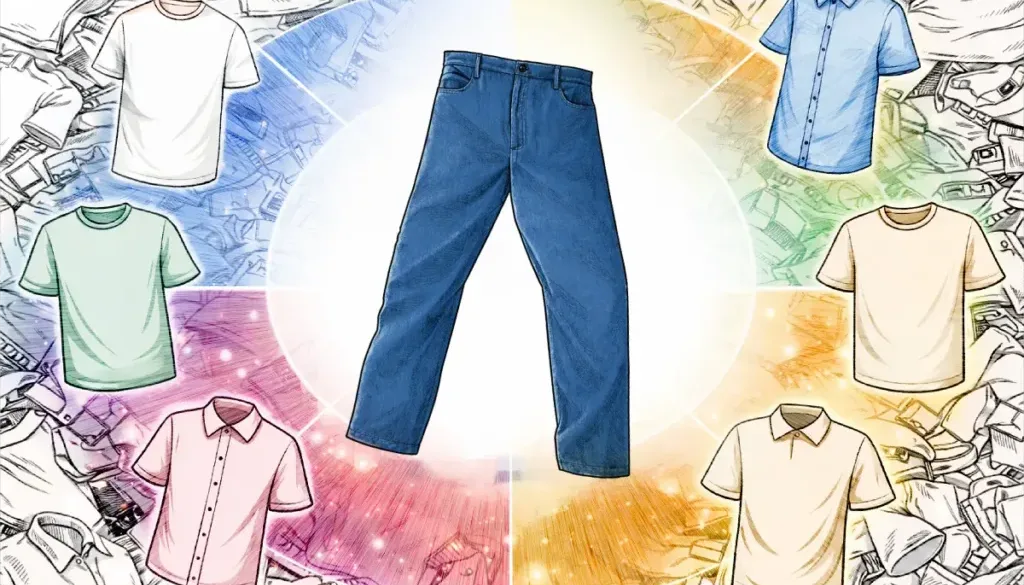 Graphic showing blue pants in the center with different shirt options that go with blue pants arranged around them