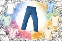 Graphic showing blue pants in the center with different shirt options that go with blue pants arranged around them