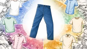 Graphic showing blue pants in the center with different shirt options that go with blue pants arranged around them
