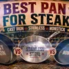 Graphic comparing cast iron, stainless steel, and nonstick cookware for choosing the Best Pan for Steak.