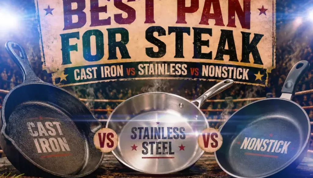 Graphic comparing cast iron, stainless steel, and nonstick cookware for choosing the Best Pan for Steak.