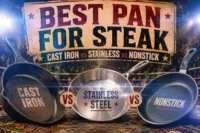 Graphic comparing cast iron, stainless steel, and nonstick cookware for choosing the Best Pan for Steak.