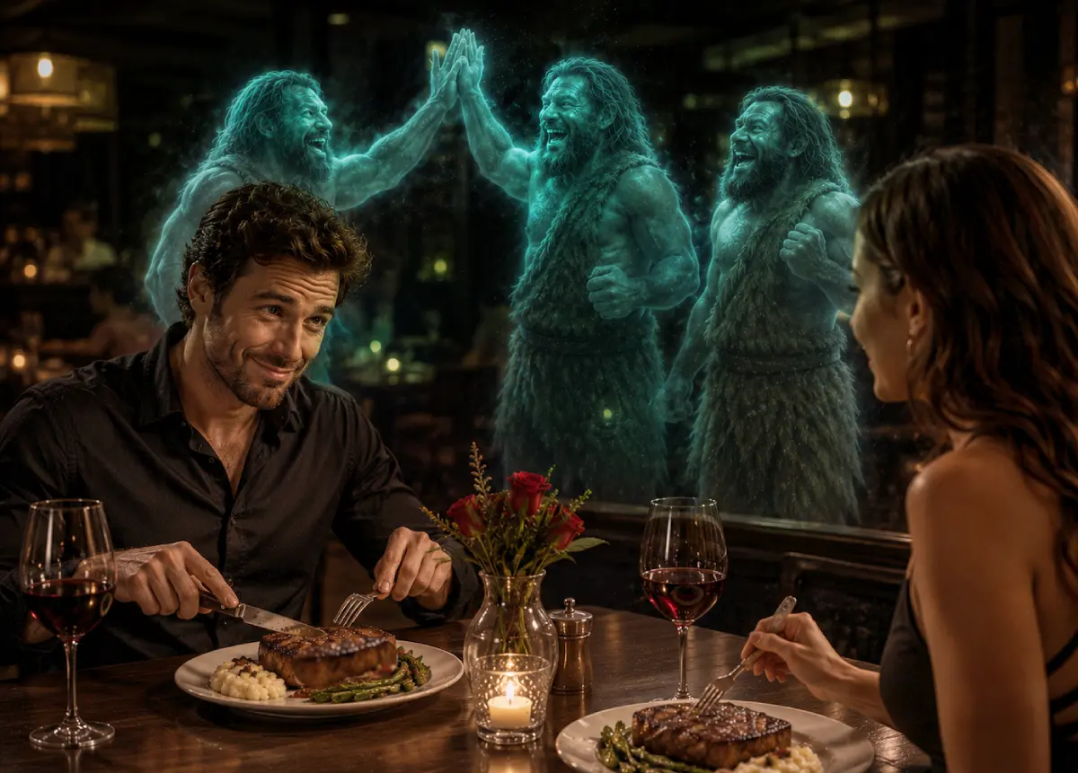 Man on a dinner date cutting into a perfectly cooked steak while ghostly cavemen celebrate and high-five behind him
