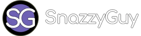 SnazzyGuy.com logo featuring a purple SG monogram inside a black circle beside the SnazzyGuy wordmark in white lettering on a transparent background.
