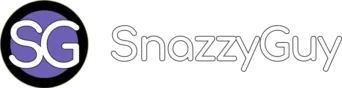 SnazzyGuy.com logo featuring a purple SG monogram inside a black circle beside the SnazzyGuy wordmark in white lettering on a transparent background.