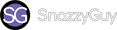 SnazzyGuy.com logo featuring a purple SG monogram inside a black circle beside the SnazzyGuy wordmark in white lettering on a transparent background.