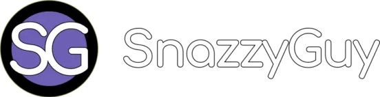 SnazzyGuy.com logo featuring a purple SG monogram inside a black circle beside the SnazzyGuy wordmark in white lettering on a transparent background.