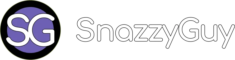 SnazzyGuy.com logo featuring a purple SG monogram inside a black circle beside the SnazzyGuy wordmark in white lettering on a transparent background.