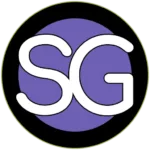 SnazzyGuy SG logo featuring white SG lettering inside a purple circle with a black outer ring.