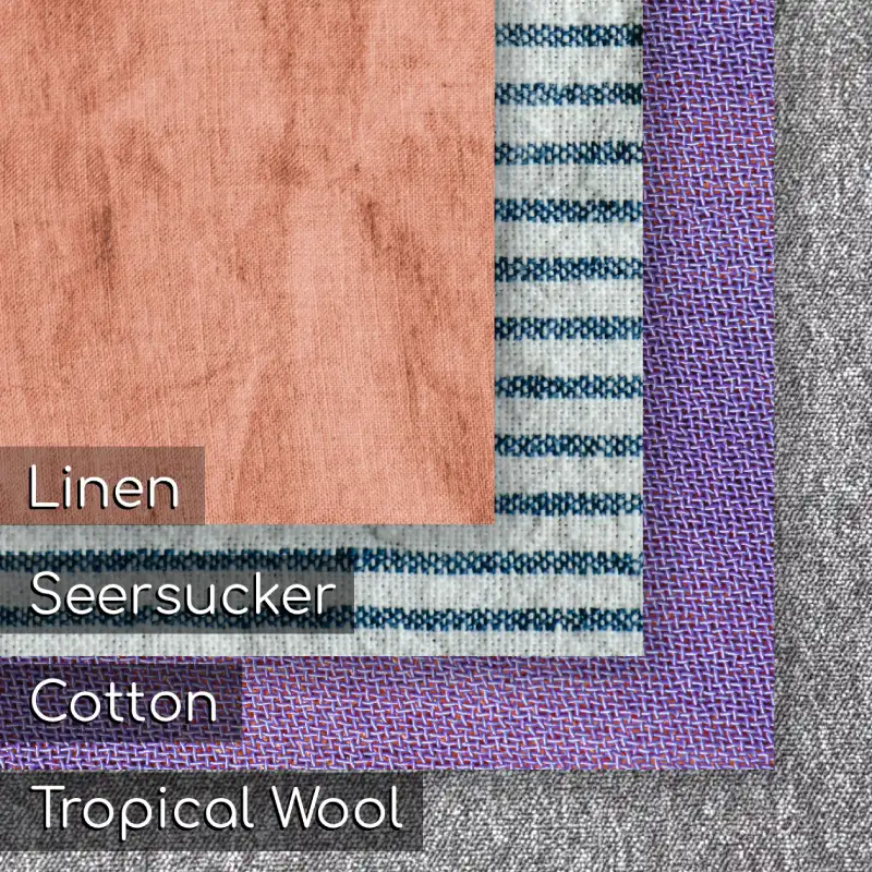 Infographic comparing lightweight summer suit fabrics for men, including linen, seersucker, cotton, and tropical wool.