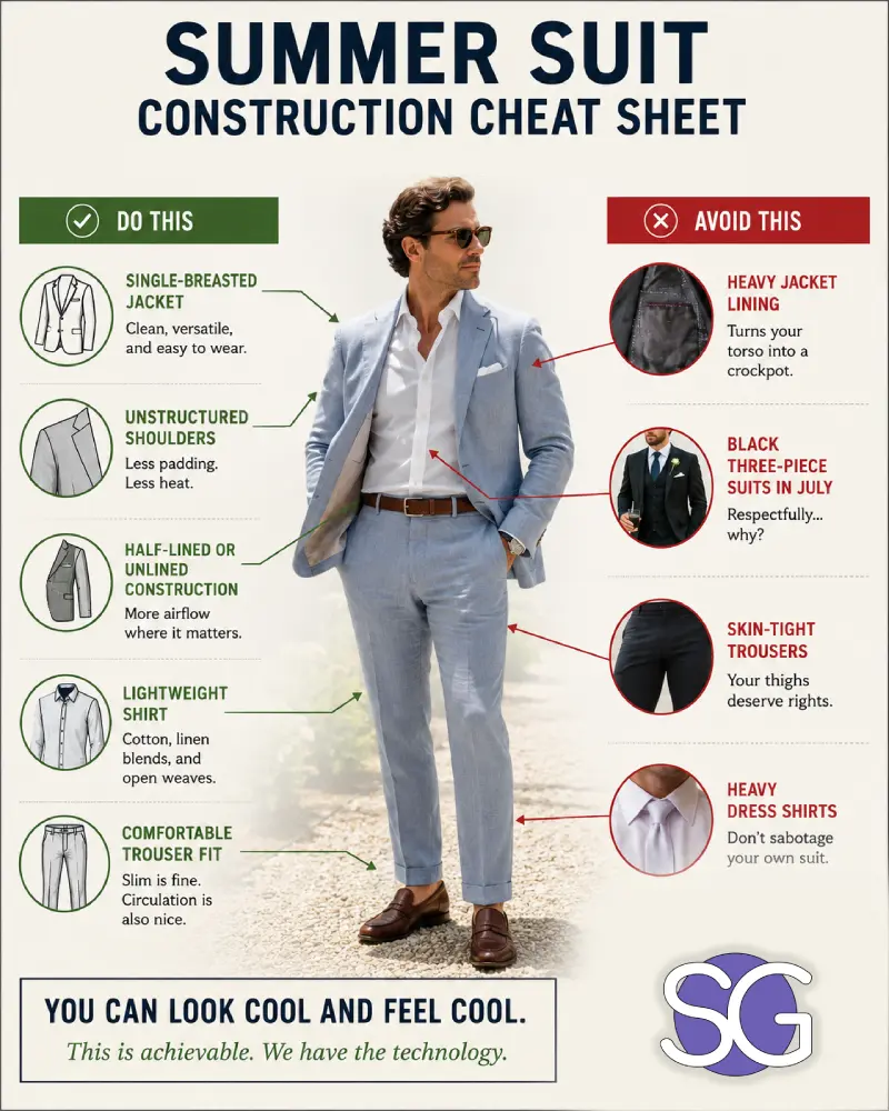 Infographic titled "Summer Suit Construction Cheat Sheet" showing recommended features and common mistakes for summer suits for men.