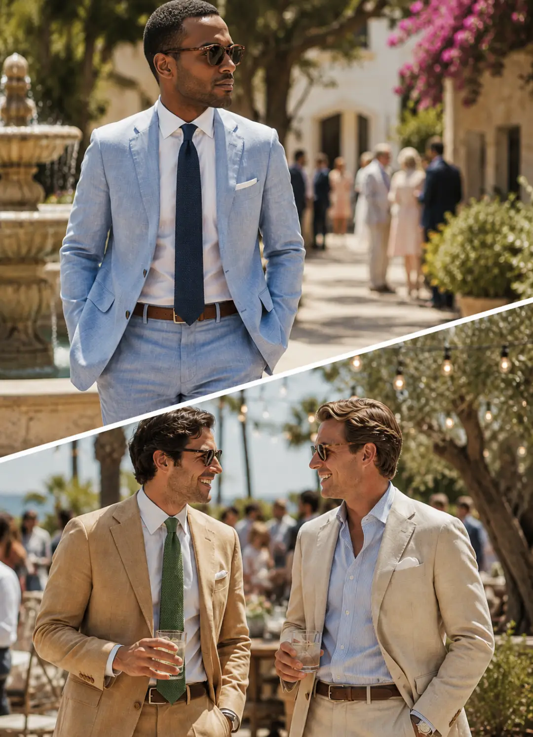 Collage showing men wearing light blue, tan, and cream summer suits at outdoor daytime events.