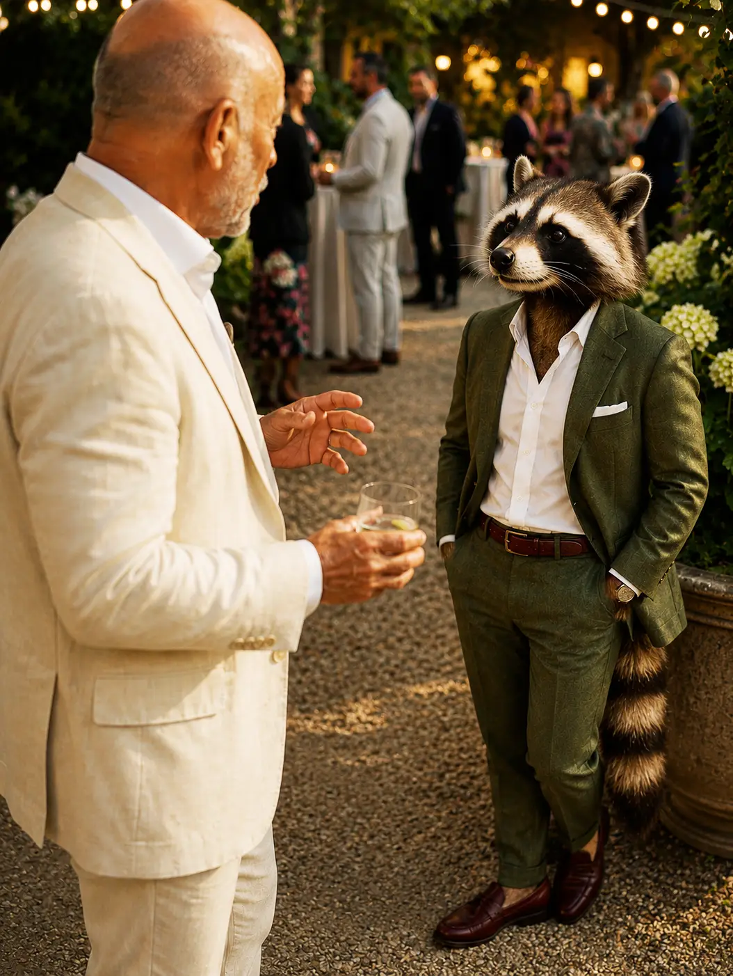 Humorous image of a raccoon wearing an olive green suit at an outdoor garden party alongside guests in light-colored summer suits.