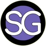 SnazzyGuy SG logo featuring white SG lettering inside a purple circle with a black outer ring.