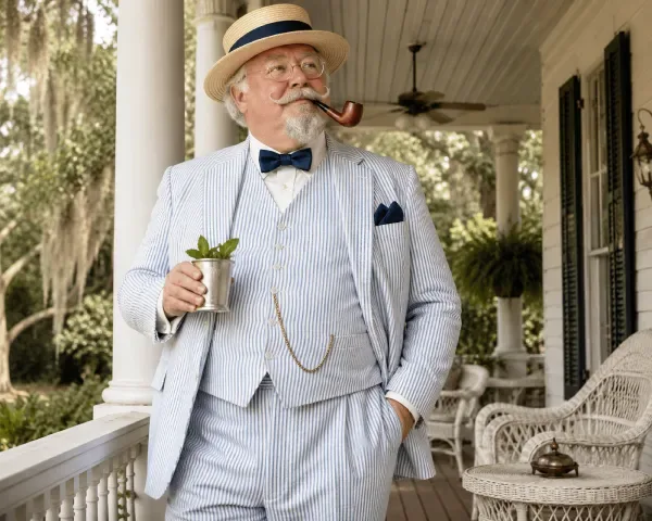 Older man wearing a blue seersucker suit, bow tie, and straw boater hat while standing on a covered porch.