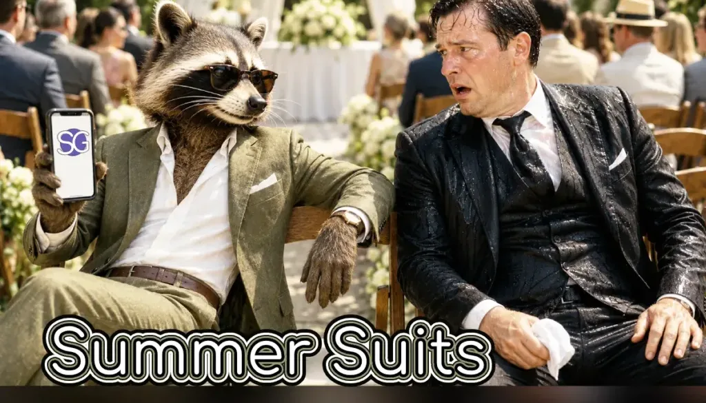 Humorous image comparing an olive green summer suit to a soaked black suit at an outdoor wedding, featuring a raccoon in sunglasses holding a phone.