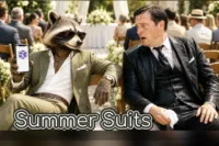 Humorous image comparing an olive green summer suit to a soaked black suit at an outdoor wedding, featuring a raccoon in sunglasses holding a phone.