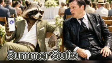 Humorous image comparing an olive green summer suit to a soaked black suit at an outdoor wedding, featuring a raccoon in sunglasses holding a phone.