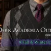 Man wearing a charcoal argyle sweater vest, gray button-down shirt, and burgundy paisley tie styled as a classic Dark Academia for men outfit in a library setting.