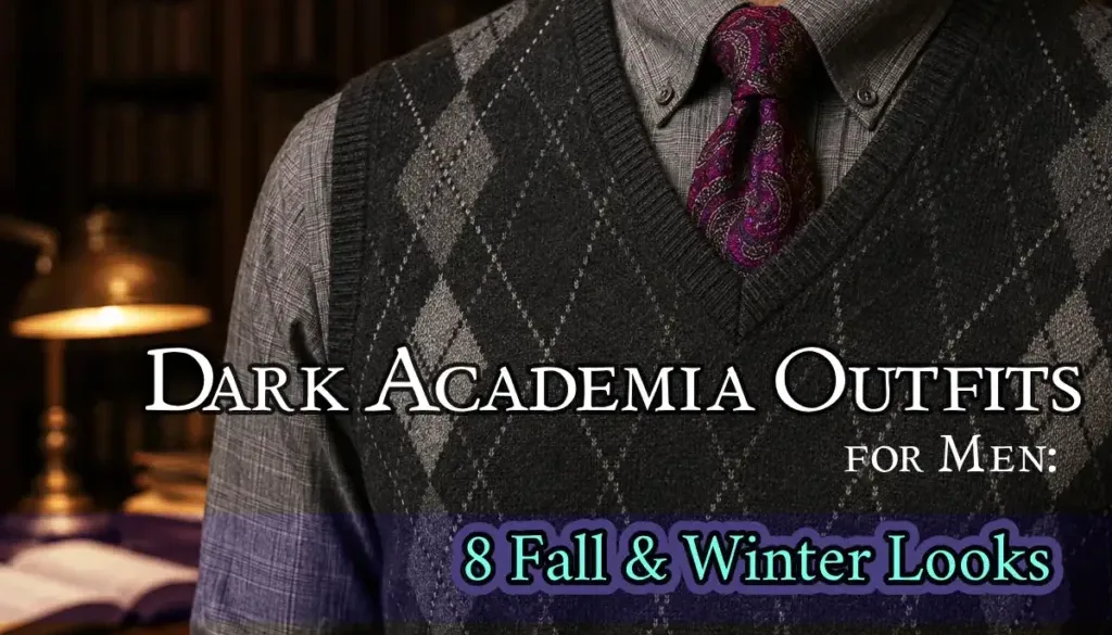 Man wearing a charcoal argyle sweater vest, gray button-down shirt, and burgundy paisley tie styled as a classic Dark Academia for men outfit in a library setting.