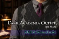 Man wearing a charcoal argyle sweater vest, gray button-down shirt, and burgundy paisley tie styled as a classic Dark Academia for men outfit in a library setting.