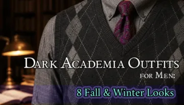 Man wearing a charcoal argyle sweater vest, gray button-down shirt, and burgundy paisley tie styled as a classic Dark Academia for men outfit in a library setting.