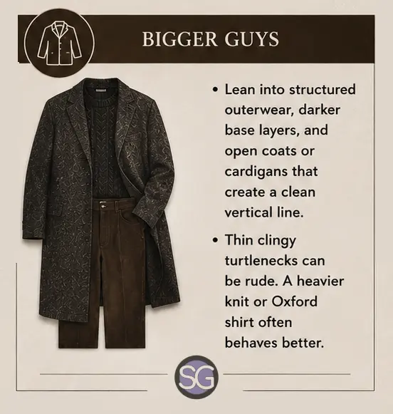 Infographic for Dark Academia for men with styling tips for bigger men, featuring a textured overcoat, dark knit sweater, and brown trousers.