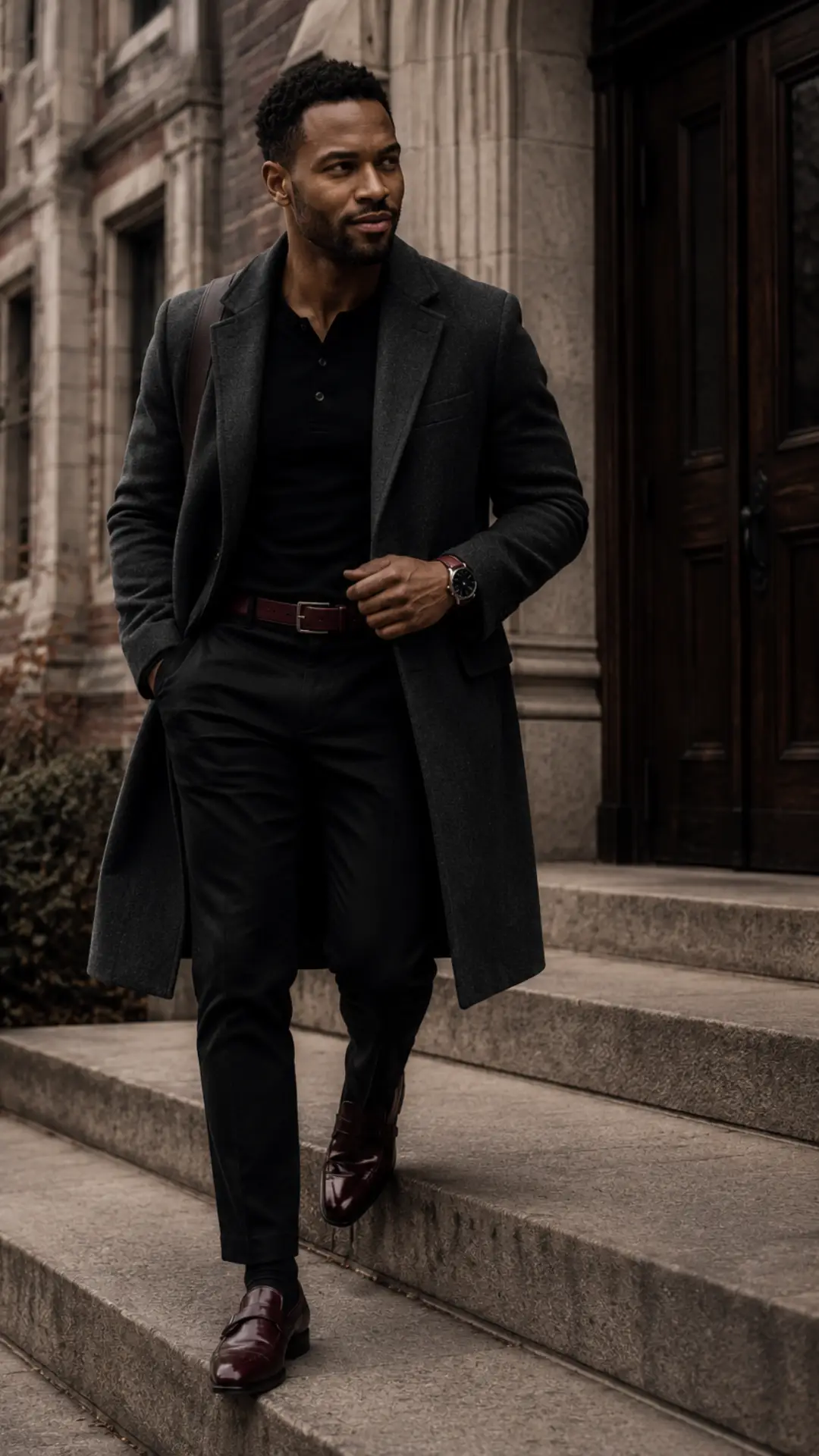 Dark Academia Outfits for Men . Man wearing a charcoal wool overcoat, black henley shirt, dark trousers, and oxblood loafers in a polished Dark Academia for men outfit outside a stone university building.