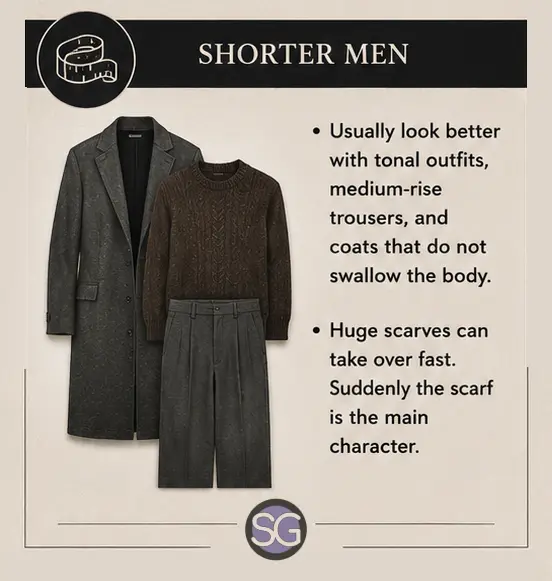 Infographic for Dark Academia for men offering styling advice for shorter men, featuring a charcoal overcoat, dark knit sweater, and gray pleated trousers.