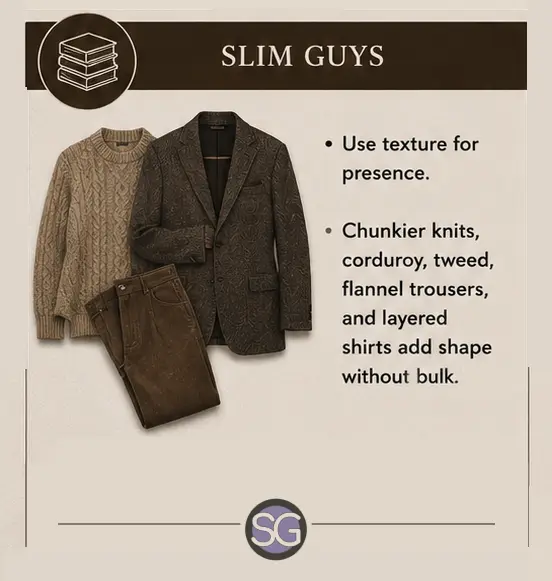 Infographic for Dark Academia for men showing styling tips for slim body types using textured knitwear, tweed blazers, and brown trousers.