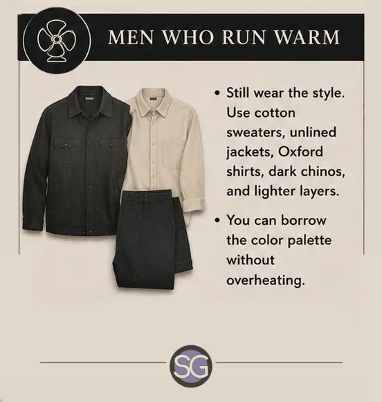 Infographic for Dark Academia for men showing lightweight outfit options for men who run warm, featuring an overshirt, Oxford shirt, and dark chinos.