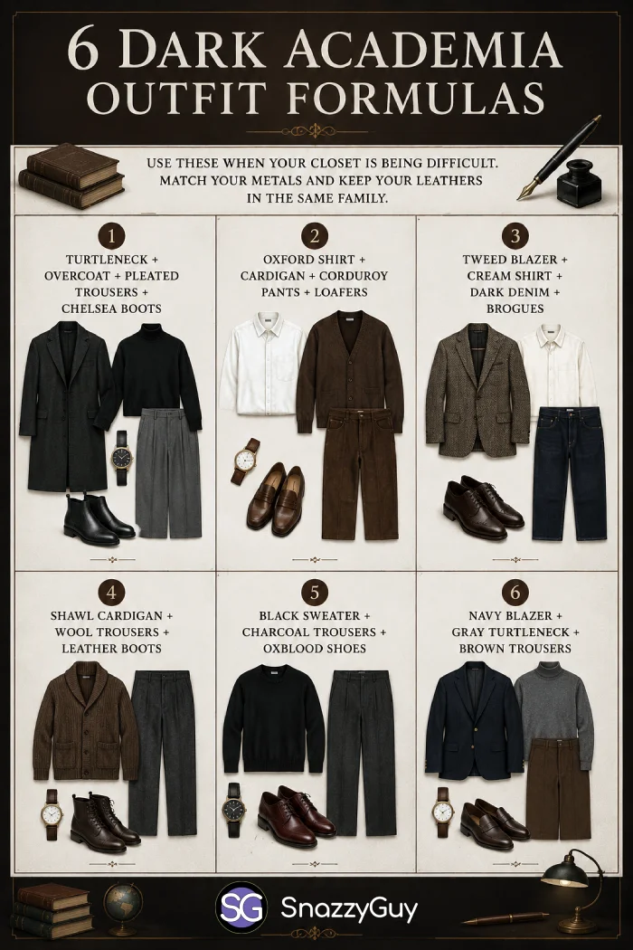 Infographic showing six outfit formulas for Dark Academia for men, featuring combinations of overcoats, turtlenecks, blazers, cardigans, trousers, boots, loafers, and classic menswear staples.
