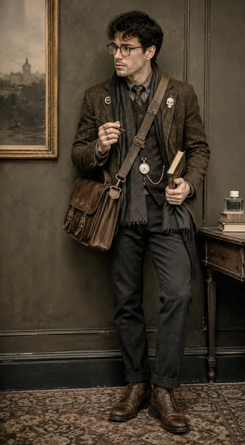 Man wearing a tweed blazer, scarf, tie, satchel, pocket watch, lapel pins, and dress boots in an exaggerated Dark Academia for men outfit.