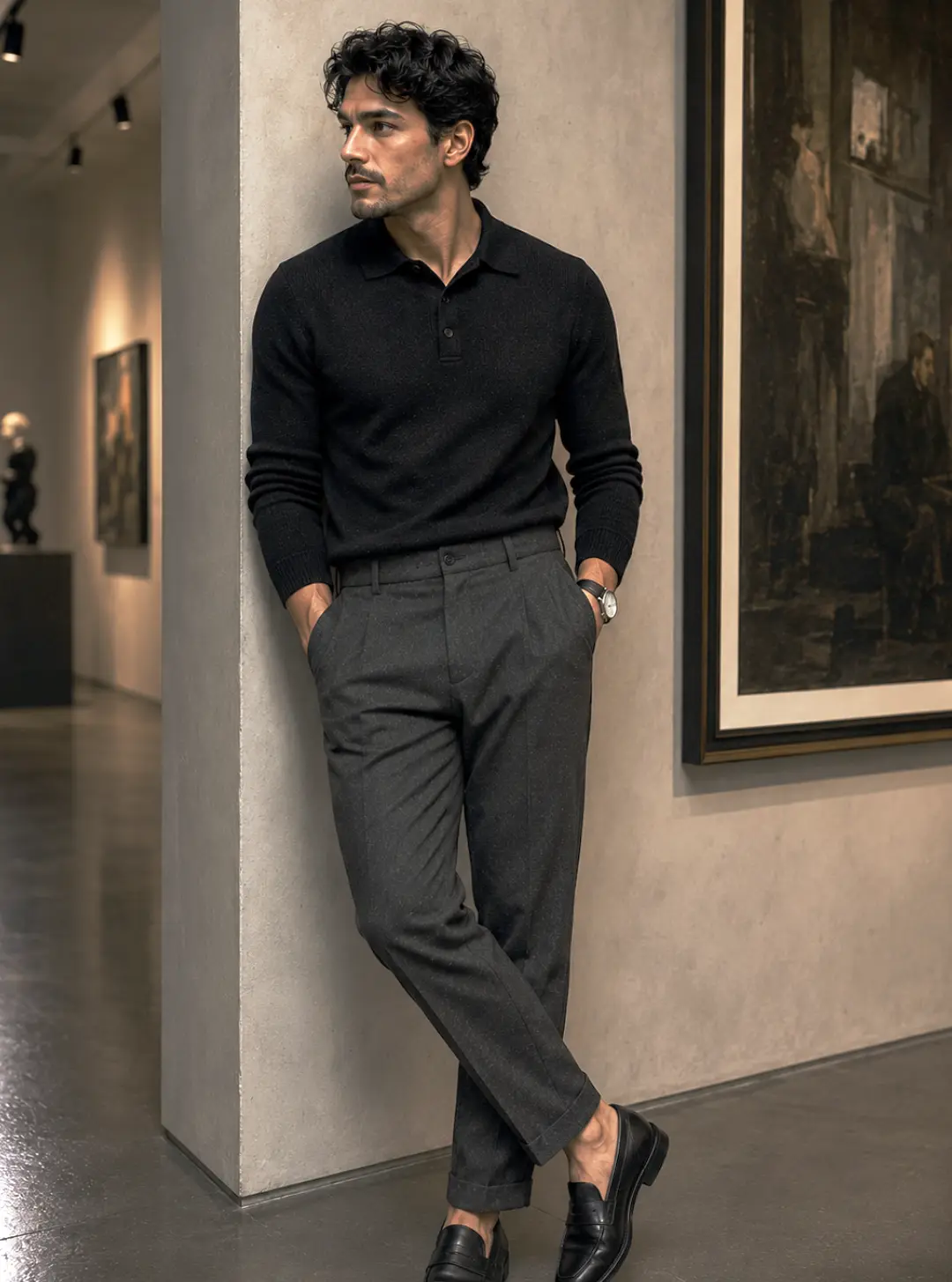 Man wearing a black knit polo, charcoal pleated trousers, and black loafers in a minimalist Dark Academia for men outfit inside an art gallery.