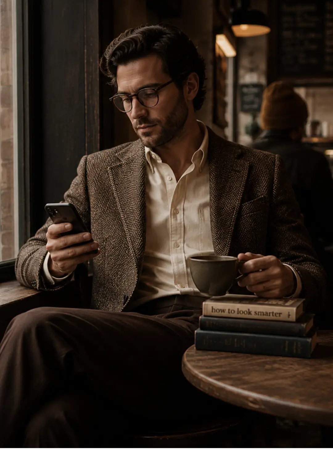 Man wearing a brown tweed blazer, cream Oxford shirt, and dark trousers in a refined Dark Academia for men outfit while sitting in a café with coffee and books.