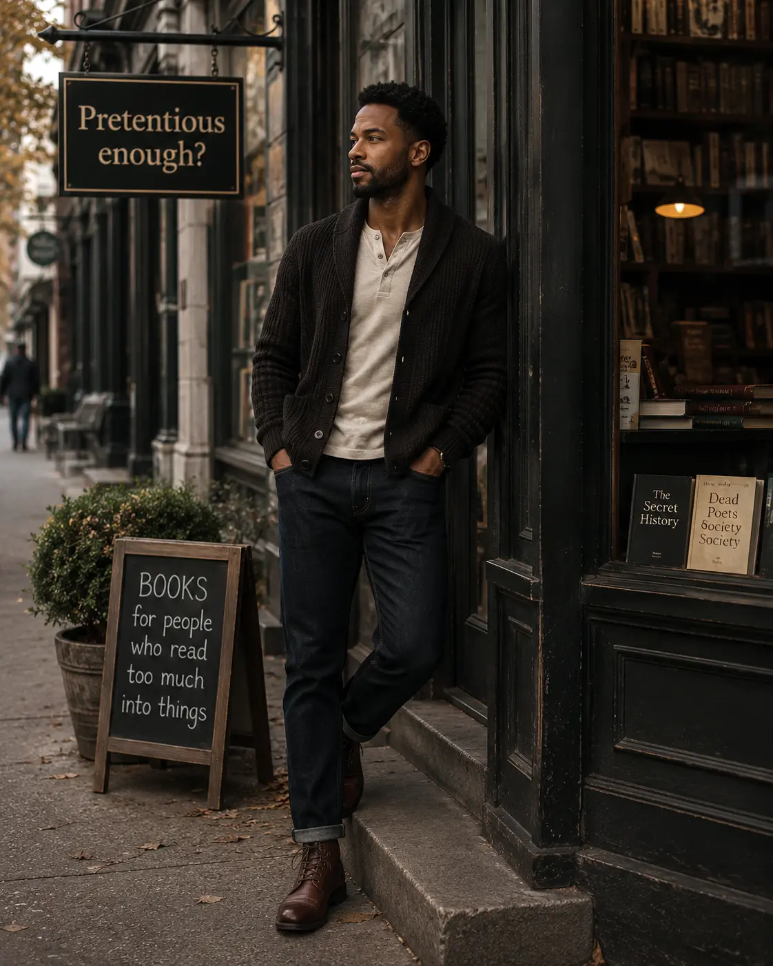 Man wearing a dark shawl cardigan, cream henley shirt, dark jeans, and brown leather boots in a casual Dark Academia for men outfit outside a bookstore.